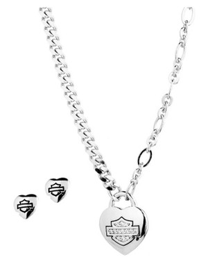 Harley-Davidson Women's 16 in. Bar & Shield Heart Necklace & Earring Set, Silver - Wisconsin Harley-Davidson