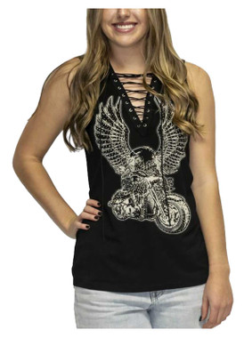 Liberty Wear Women's Embellished Soaring Eagle Bike Sleeveless Tank Top - Black - Wisconsin Harley-Davidson