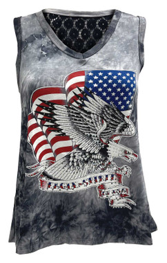 Liberty Wear Women's Patriotic Flag Embellished Lace Back Sleeveless Tank Top - Wisconsin Harley-Davidson