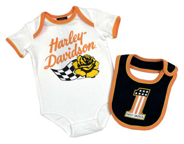 Harley-Davidson Baby Girls' Racing Rose Infant Creeper & Bib Gift Set - White - Wisconsin Harley-Davidson