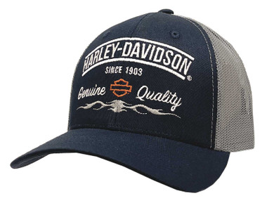 Harley-Davidson Men's Meshed Adjustable Snapback Mesh Trucker Hat - Navy/Silver - Wisconsin Harley-Davidson