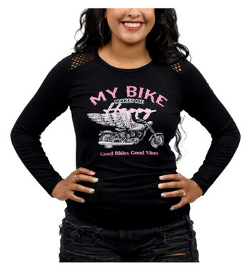 Liberty Wear Women's My Bike Embellished Long Sleeve Top w/ Mesh Insets - Black - Wisconsin Harley-Davidson