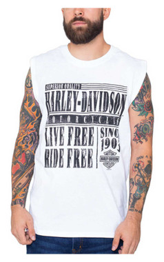 Harley-Davidson Men's Distressed Texture Sleeveless Cotton Muscle Shirt, White - Wisconsin Harley-Davidson