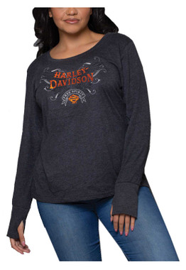 Harley-Davidson Women's Foil Soul Flight Scoop Neck Long Sleeve Shirt - Black - Wisconsin Harley-Davidson