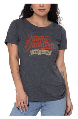 Harley-Davidson Women's Free Spirit Scoop Neck Short Sleeve Curved Tee, Gray - Wisconsin Harley-Davidson