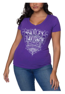 Harley-Davidson Women's Metallic Dazzle V-Neck Short Sleeve Tee, Purple - Wisconsin Harley-Davidson