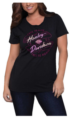 Harley-Davidson Women's Free Wheels Raw-Edge Scoop Neck Short Sleeve Tee, Black - Wisconsin Harley-Davidson