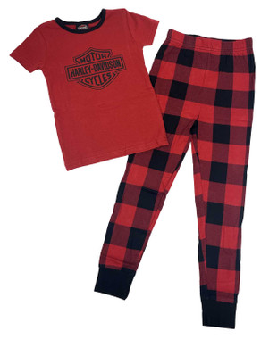 Harley-Davidson Little Girls' 2-Piece Bar & Shield Tight Fit Plaid Pajamas Set - Wisconsin Harley-Davidson
