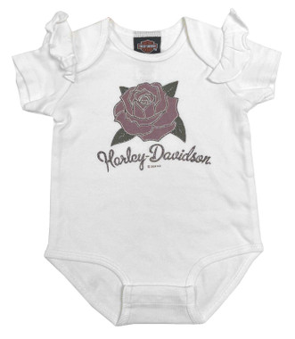 Harley-Davidson Baby Girls' Glitter Rose Ruffle Sleeve Newborn Creeper – White - Wisconsin Harley-Davidson