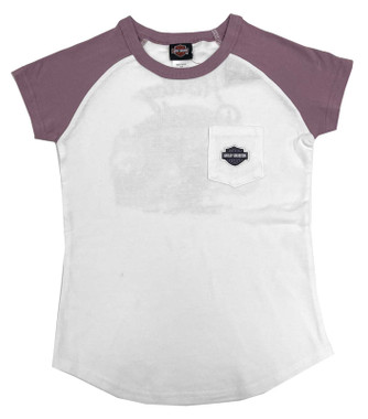 Harley-Davidson Big Girls' Bar & Shield Short Sleeve Pocket Tee – White/Purple - Wisconsin Harley-Davidson