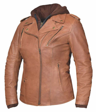 Derringer Women's 3-IN-1 Lambskin Hooded Leather Motorcycle Jacket - Brown - Wisconsin Harley-Davidson