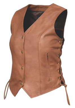 Derringer Women's Traditional Premium Lambskin Leather Motorcycle Vest - Brown - Wisconsin Harley-Davidson