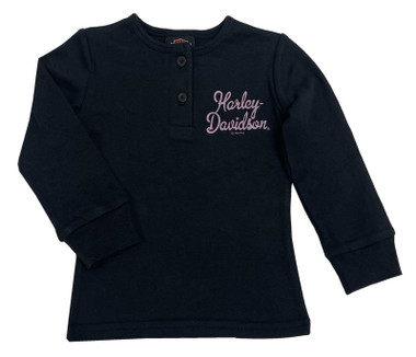 Harley-Davidson Little Girls' Pink Script Long Sleeve Henley Tee - Black - Wisconsin Harley-Davidson