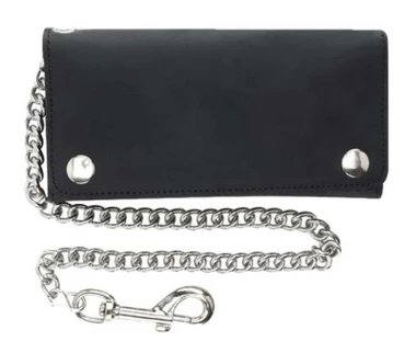 Derringer Men's Biker Chain Durable Leather Tall Tri-Fold Wallet - Classic Black - Wisconsin Harley-Davidson