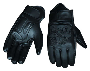 UNIK Men's Embroidered Skull Full-Finger Cowhide Leather Motorcycle Gloves - Wisconsin Harley-Davidson