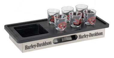 Harley-Davidson Eagle Bottle & Shot Glass Tray Set, Eagle and Bar & Shield Logos - Wisconsin Harley-Davidson