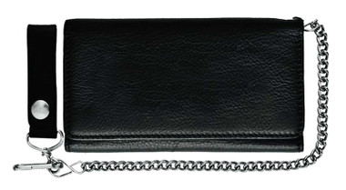 Derringer Men's Biker Chain Tri-Fold Snap Wallet, Smooth Cowhide Black Leather - Wisconsin Harley-Davidson