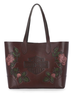 Harley-Davidson Women's Floral Bar & Shield Genuine Leather Tote Bag, Brown - Wisconsin Harley-Davidson