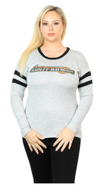 Harley-Davidson Women's Eatin Dust Crew Neck Striped Longsleeve Tee Shirt, Gray - Wisconsin Harley-Davidson