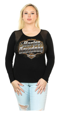 Harley-Davidson Women's Aggressive Logo Mesh Detail Long Sleeve T-Shirt, Black - Wisconsin Harley-Davidson