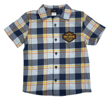 Harley-Davidson Big Boys' Bar & Shield Logo Plaid Short Sleeve Shirt, Blue - Wisconsin Harley-Davidson