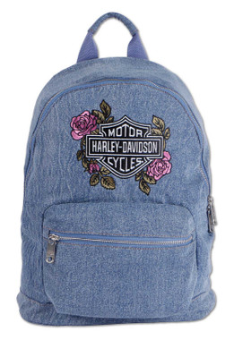 Harley-Davidson Women's Embroidered Bar & Shield Rose Denim Backpack, Wash Blue - Wisconsin Harley-Davidson