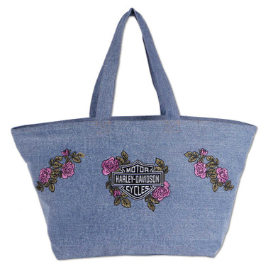 Harley-Davidson Women's Embroidered Bar & Shield Rose Denim Overnight Tote, Blue - Wisconsin Harley-Davidson