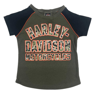 Harley-Davidson Big Girls' Camo H-D Raglan Short Sleeve Tee, Green/Black - Wisconsin Harley-Davidson