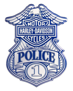 Harley-Davidson Embossed Police Shield Metal Sign, Custom Shaped Blue & Gray - Wisconsin Harley-Davidson