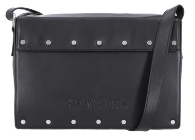 Harley-Davidson Women's Script Logo Flat Stud Flap Crossbody Bag, Black - Wisconsin Harley-Davidson