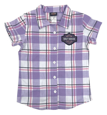 Harley-Davidson Little Girls' Bar & Shield Short Sleeve Plaid Shirt, Purple - Wisconsin Harley-Davidson