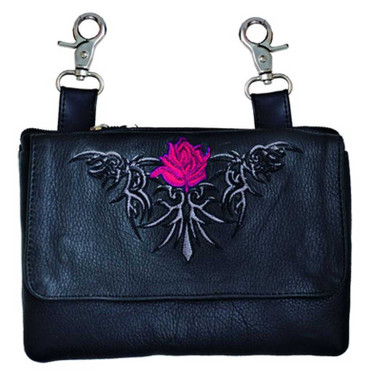 Derringer Women's Red Rose Cowhide Leather Clip-On Hip Bag - Classic Black - Wisconsin Harley-Davidson
