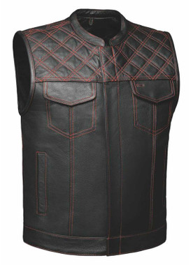 Derringer Mens Red Diamond Premium Motorcycle Biker Leather Club Vest, Black/Red - Wisconsin Harley-Davidson