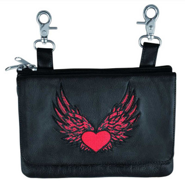 Derringer Women's Red Heart & Wings Cowhide Leather Clip-On Hip Bag - Black - Wisconsin Harley-Davidson