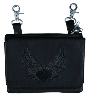 Derringer Women's Black Heart & Wings Cowhide Leather Clip-On Hip Bag - Black - Wisconsin Harley-Davidson
