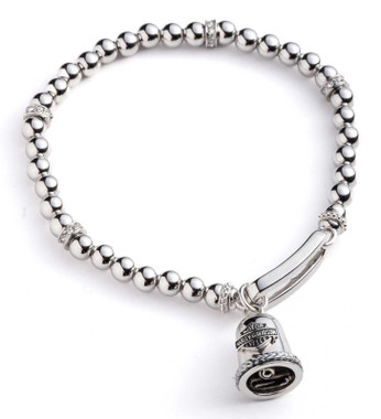 Harley-Davidson Women's Bar & Shield Bell Charm Stretch Beaded Bracelet, Silver - Wisconsin Harley-Davidson