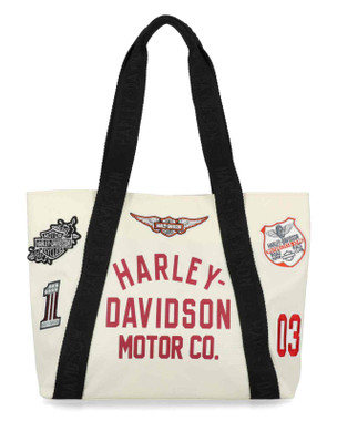 Harley-Davidson Women's Vintage Logo Patches Tote Bag, Natural Polyester - Wisconsin Harley-Davidson