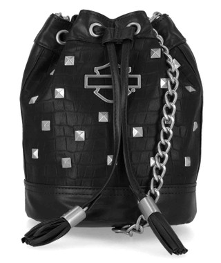 Harley-Davidson Women's Metal Bar & Shield Logo Croco Drawstring Purse, Black - Wisconsin Harley-Davidson