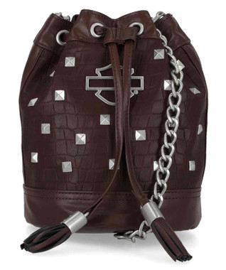 Harley-Davidson Women's Metal Bar & Shield Logo Croco Drawstring Purse, Maroon - Wisconsin Harley-Davidson