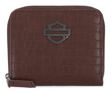 Harley-Davidson Women's Metal Bar & Shield Croco Small Zip Around Wallet, Maroon - Wisconsin Harley-Davidson