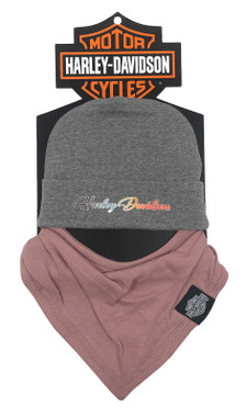 Harley-Davidson Baby Girls' 2 Pack Newborn Beanie & Handkerchief Set, Gray/Pink - Wisconsin Harley-Davidson
