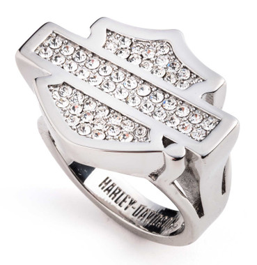 Harley-Davidson Women's Paved Crystal Bar & Shield Logo Ring, Sterling Silver - Wisconsin Harley-Davidson