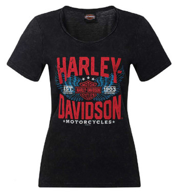 Harley-Davidson Women's Takeoff Distressed Short Sleeve Tee, Black Acid Wash - Wisconsin Harley-Davidson