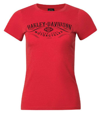 Harley-Davidson Women's Embellished Decor Crew-Neck Short Sleeve Tee, Red - Wisconsin Harley-Davidson