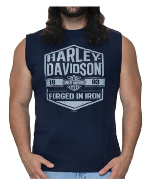 Harley-Davidson Men's Forged In Sleeveless Crew-Neck Cotton Muscle Shirt, Navy - Wisconsin Harley-Davidson