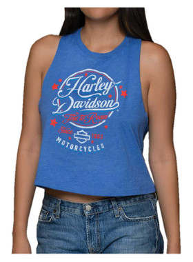 Harley-Davidson Women's Heritage Racerback Crop Tank Top, Heather True Royal - Wisconsin Harley-Davidson