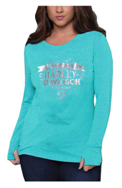 Harley-Davidson Women's Glorious Long Sleeve Shirt w/ Thumbholes, Jade - Wisconsin Harley-Davidson