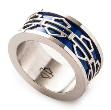 Harley-Davidson Men's Blue Bar & Shield Logo Stainless Steel Band Ring, Silver - Wisconsin Harley-Davidson