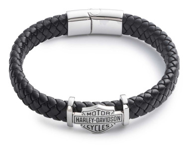 Harley-Davidson Men's 9 in. Woven Leather Bar & Shield Logo Bracelet, Black - Wisconsin Harley-Davidson