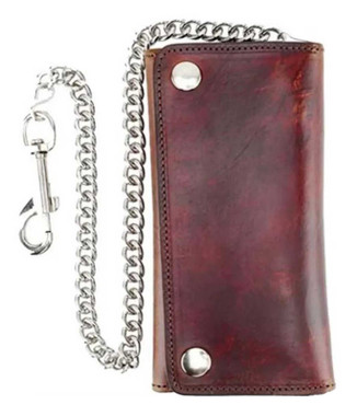 UNIK Men's Motorcycle Biker Chain Tri-Fold Premium Leather Wallet, Red Brown - Wisconsin Harley-Davidson